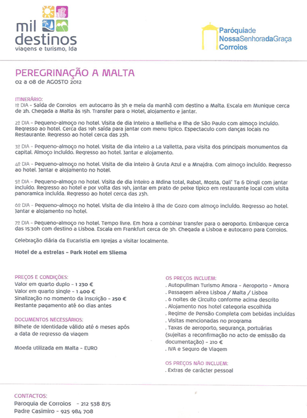 Programa peregrinação a Malta